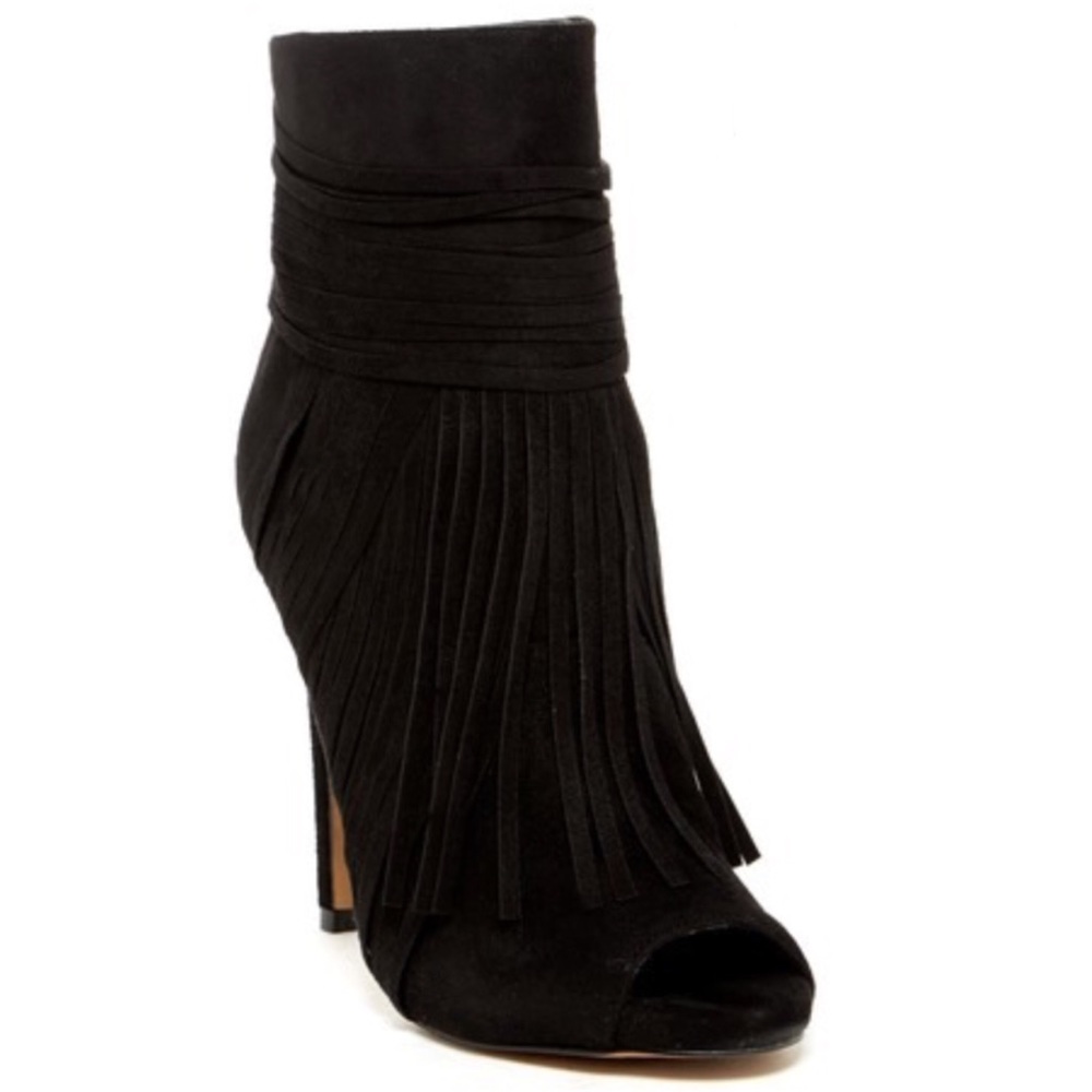 Black fringe heel peep toe booties
